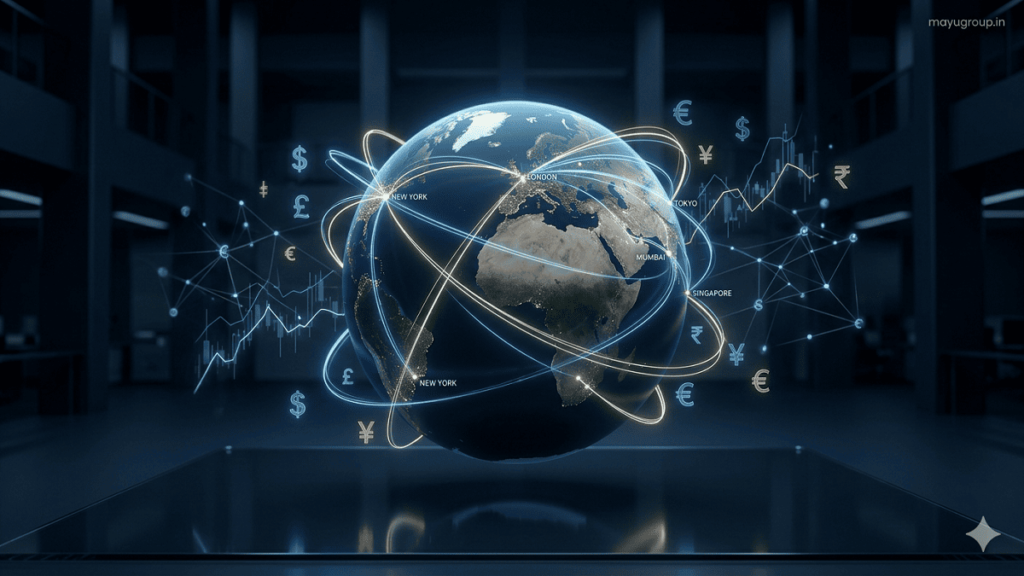 A cinematic 3D visualization of a glowing global globe with financial light trails connecting major cities like New York, London, Tokyo, and Mumbai, representing cross-border investment flows, with a subtle “mayugroup.in” watermark in the top-right corner.