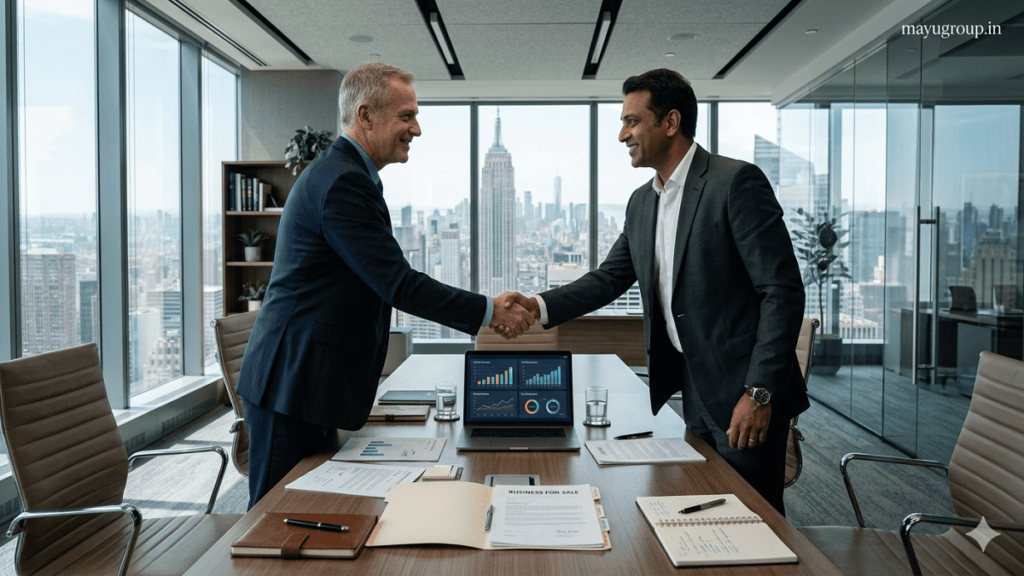 Business for Sale. Professional business executives completing a business sale agreement in a modern office, representing the purchase and transfer of an established business.
