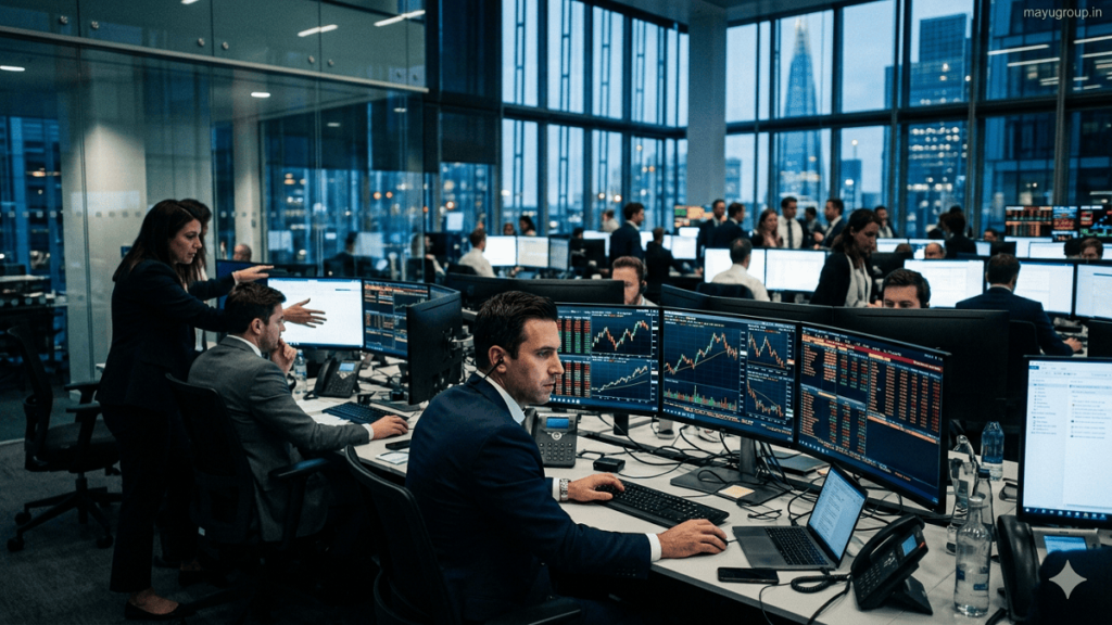 Hedge Funds. Busy hedge fund trading floor with analysts working on multiple screens showing stock charts and financial data in a modern corporate skyscraper.