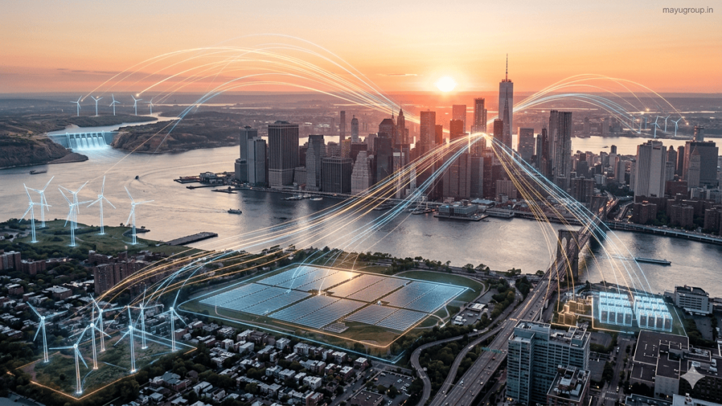 Renewable Energy Funding. Futuristic city skyline with holographic renewable energy systems like solar farms, wind turbines, and hydro projects connected by glowing financial energy streams.