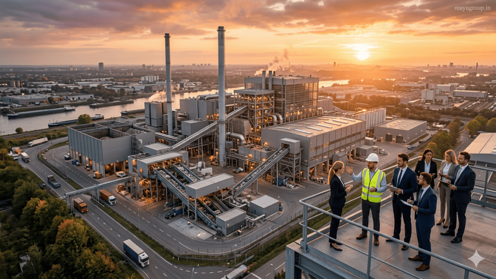 A photorealistic aerial view of a modern waste-to-energy facility at sunset with investors and an engineer observing operations.
