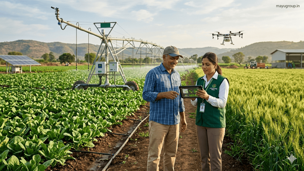 Agriculture Grants. Farmer using smart irrigation and drone technology in a modern green field while a government officer explains agriculture grant support.