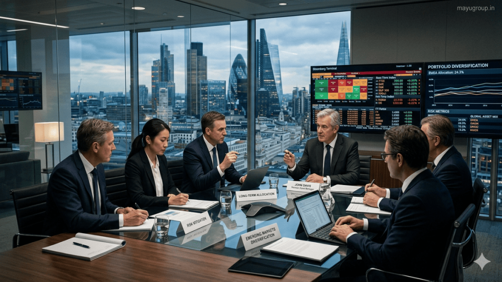 Institutional investors analyzing global financial markets in a modern glass-walled boardroom with city skyline and digital screens showing market activity