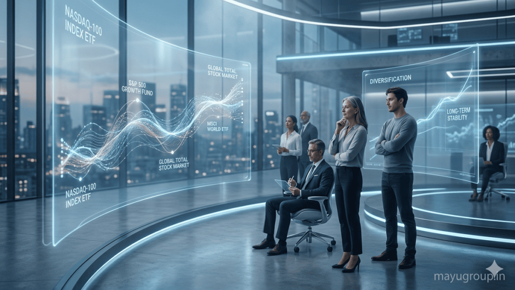 Passive investors observing diversified global markets in a futuristic financial environment showing long-term investment growth.