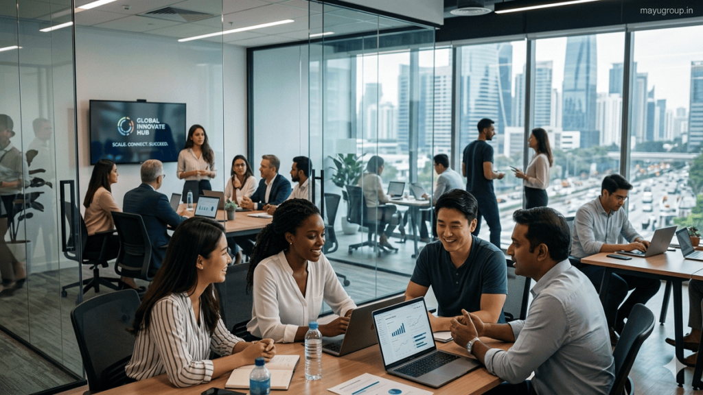 Diverse startup founders and mentors collaborating in a modern international accelerator workspace with laptops, discussions, and a city skyline background.