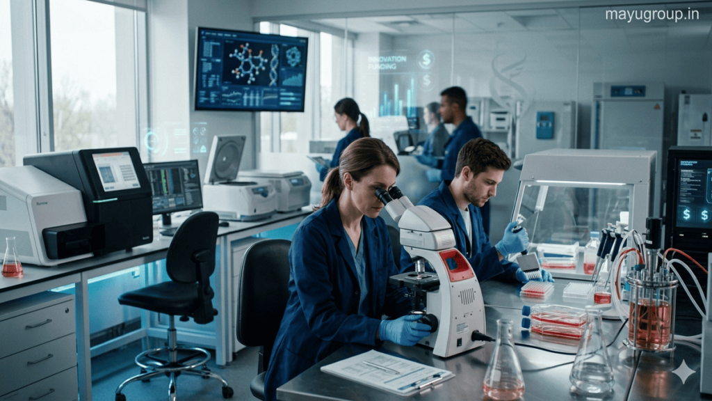 Scientists working in a modern biotechnology laboratory with advanced equipment, DNA analysis tools, and subtle digital funding visuals in the background, cinematic lighting, watermark “mayugroup.in” in the top right corner.