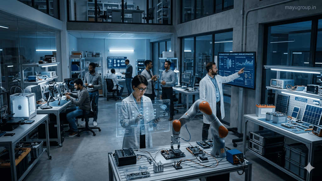 Technology Grants. Scientists and engineers working in a futuristic technology innovation laboratory with AI systems, robotics, holographic displays, and a mayugroup.in watermark in the top-right corner.
