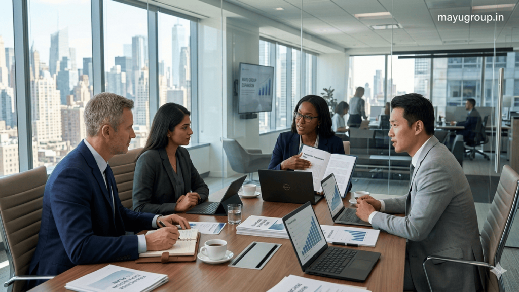 Franchise opportunities. Business professionals discussing franchise expansion plans in a modern glass office with laptops, documents, and city skyline in the background, with “mayugroup.in” in the top-right corner.