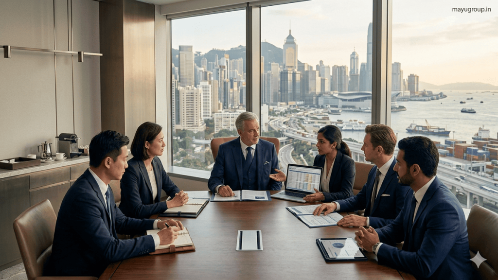 Foreign Investors. International business investors discussing cross-border investment opportunities in a modern corporate office with a global financial skyline in the background.