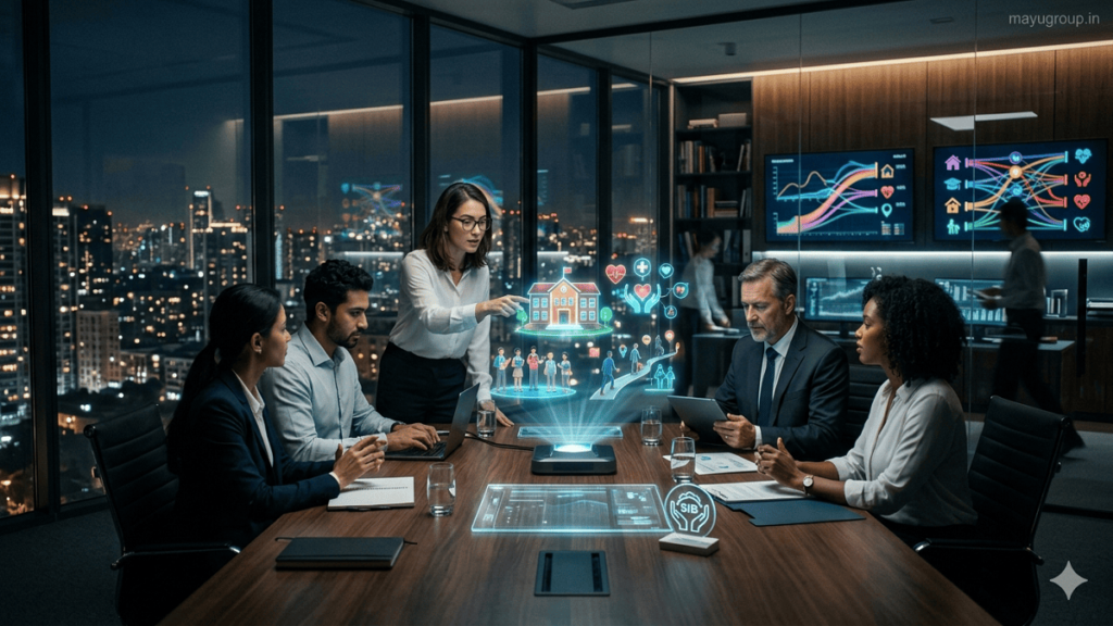 Social Impact Bonds. Policymakers and investors collaborating in a futuristic lab with abstract digital visuals representing education, healthcare, housing, and employment programs.