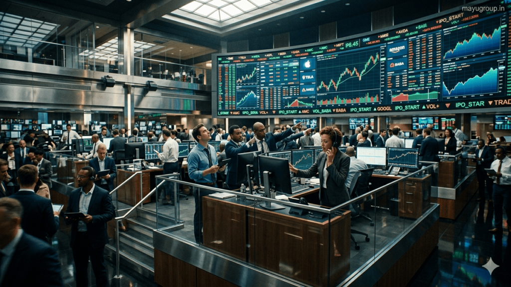 A cinematic stock exchange trading floor during an IPO with traders, glowing screens, and dynamic financial visuals.