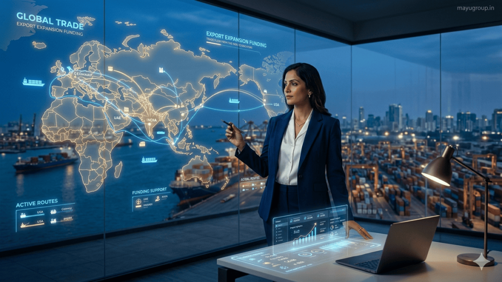Export Expansion Funding. Business professional in a modern office overlooking a glowing world map with connected international trade routes, ships, and financial holograms, with a watermark “mayugroup.in” in the top right corner.