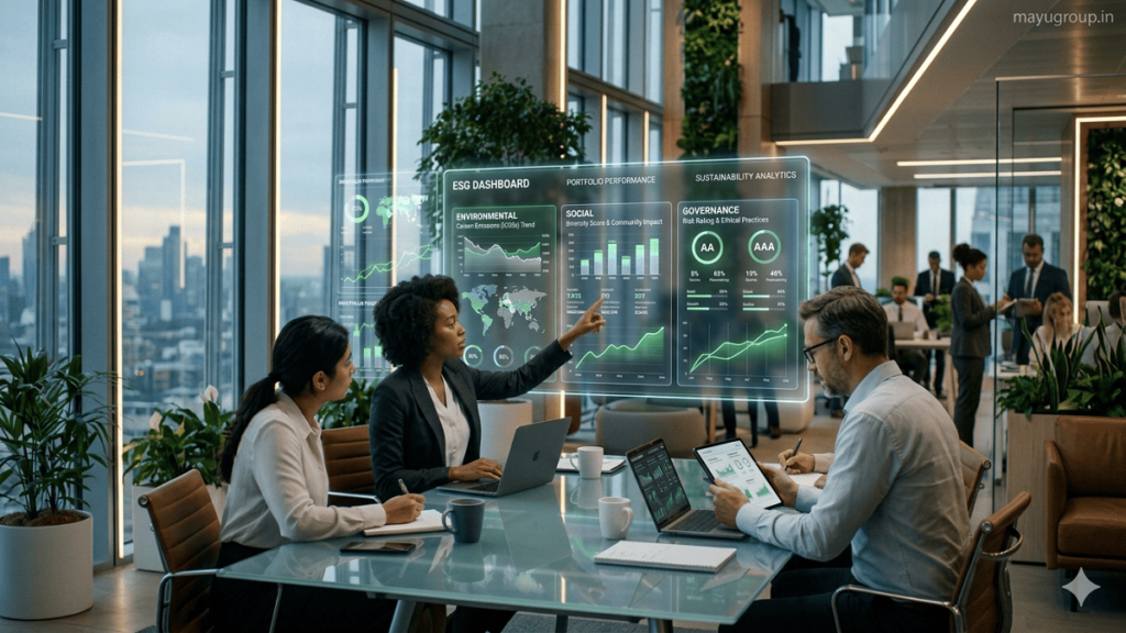 A modern financial office with professionals analyzing ESG investment data on digital dashboards showing environmental, social, and governance metrics.