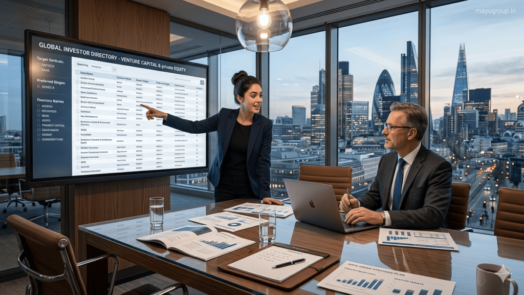 Business professionals using an investors directory to identify funding opportunities and connect with potential investors in a modern corporate office.