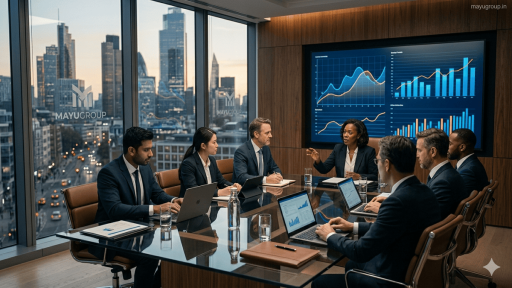 A realistic corporate boardroom scene with professionals discussing strategic investment, digital charts on screens, and a city skyline in the background.