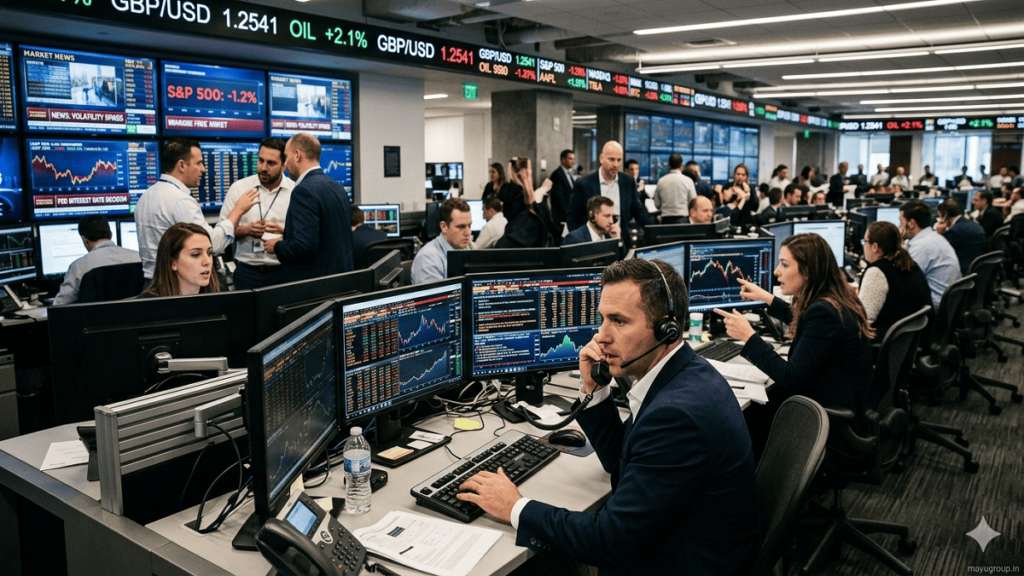 A realistic trading floor showing active investors analyzing stock charts and executing fast-paced trades on multiple screens in a financial office.