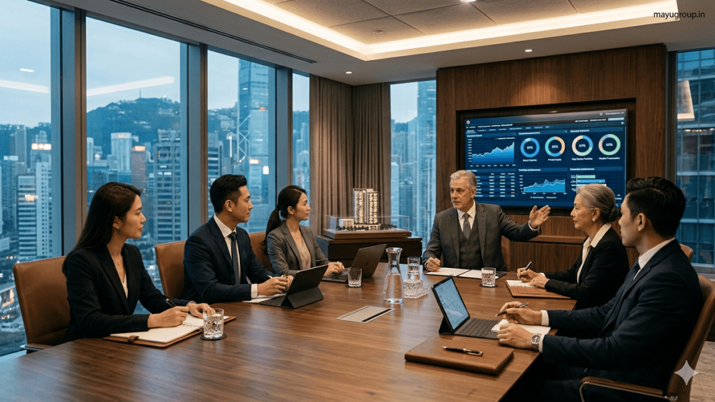 Family Offices. Professional wealth managers and affluent family members discussing investment strategies in a modern family office with financial reports and a city skyline in the background.