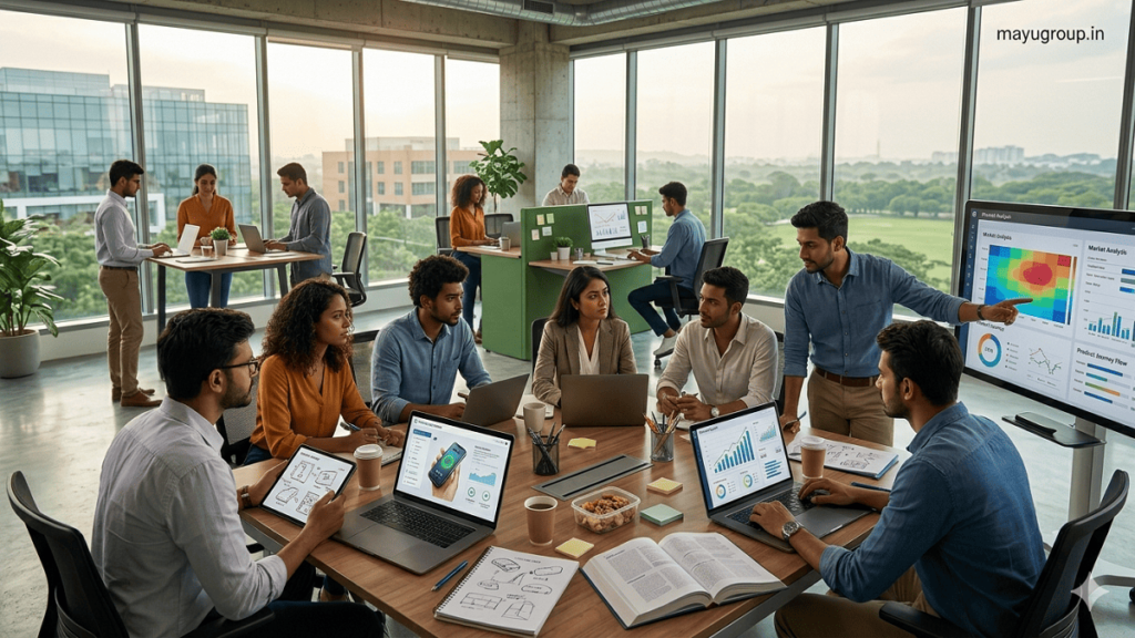 Young entrepreneurs collaborating in a modern startup office, working on laptops and business ideas representing youth startup grants supporting innovation and business growth.