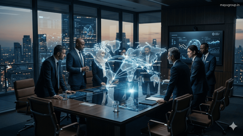 A futuristic corporate boardroom with a holographic world map showing international funding connections between global financial hubs and investors.
