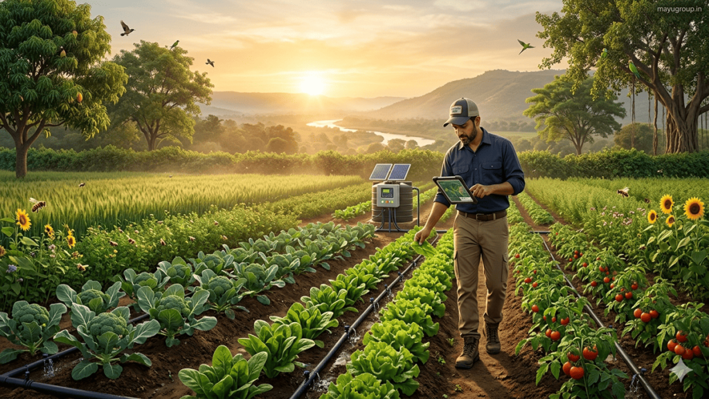 Farmer using a digital tablet to monitor healthy crops on a sustainable farm with drip irrigation, biodiversity, and modern agricultural technology. Sustainable Agriculture.