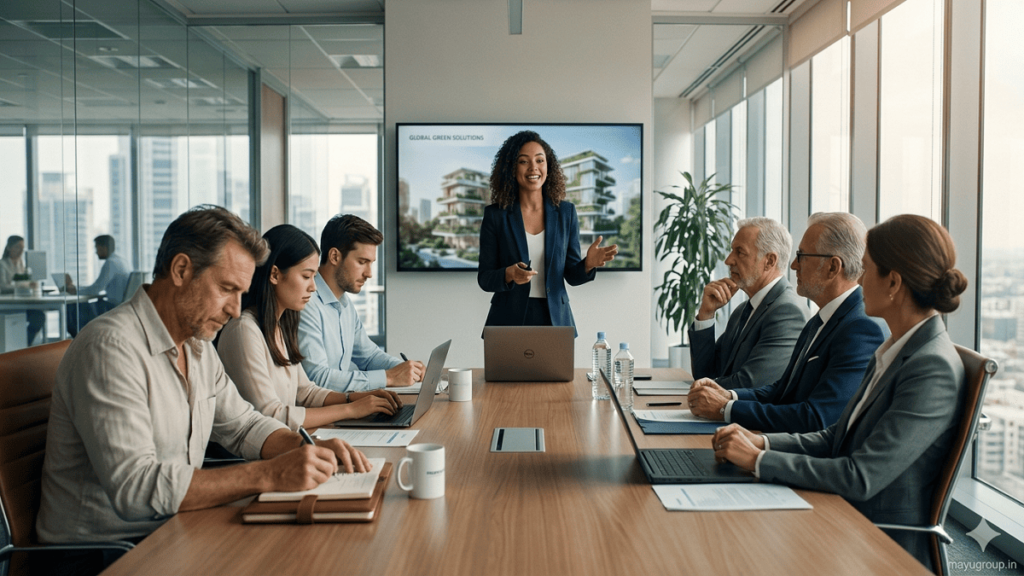 A realistic startup pitch meeting showing a founder presenting to angel investors, venture capitalists, and institutional investors in a modern corporate office.