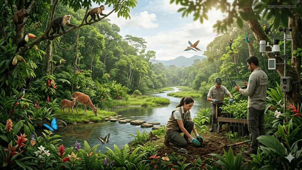 A lush rainforest ecosystem with wildlife, rivers, and conservation workers restoring nature through planting and monitoring biodiversity.