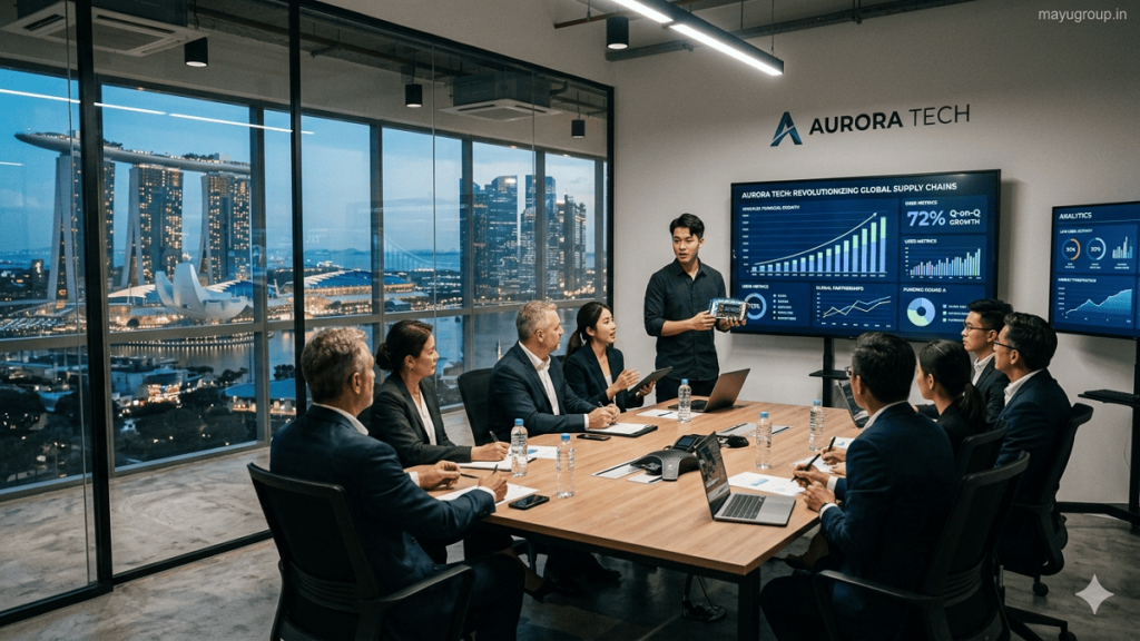 Asia Startup Funding. Realistic business scene showing Asian startup founders meeting investors in a modern office with digital screens, city skyline, and innovation-focused environment.