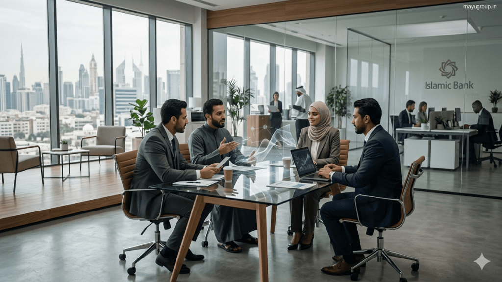 A cinematic view of professionals in a modern Islamic bank office discussing ethical finance in a glass-walled corporate environment with subtle digital financial visuals in the background.