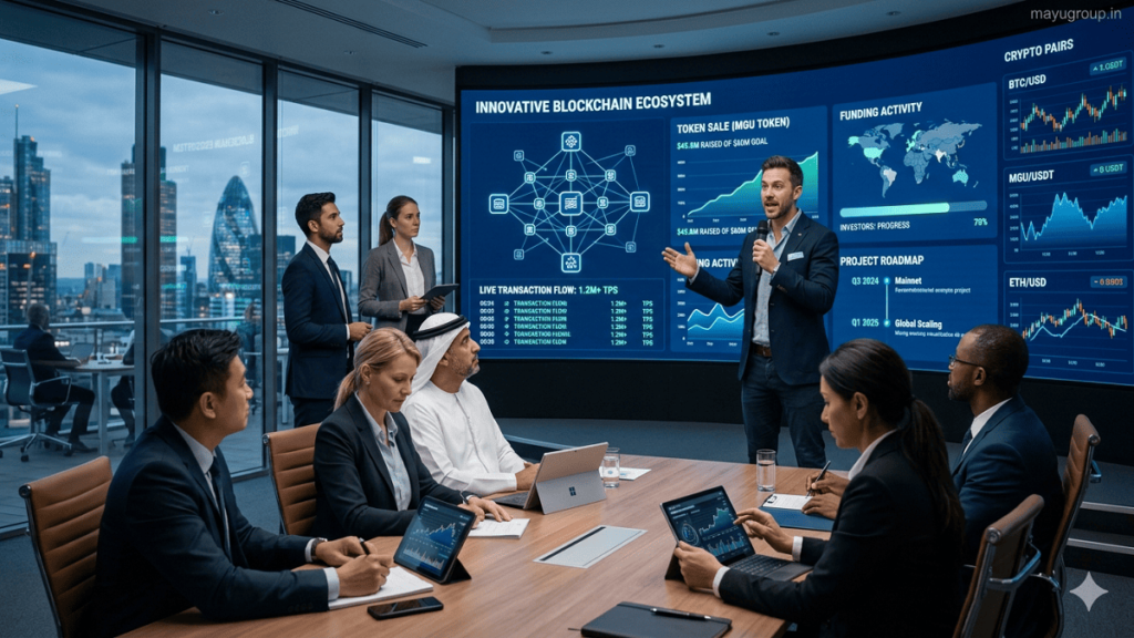 Blockchain startup founders present a crypto crowdfunding project to global investors in a modern digital fundraising environment.