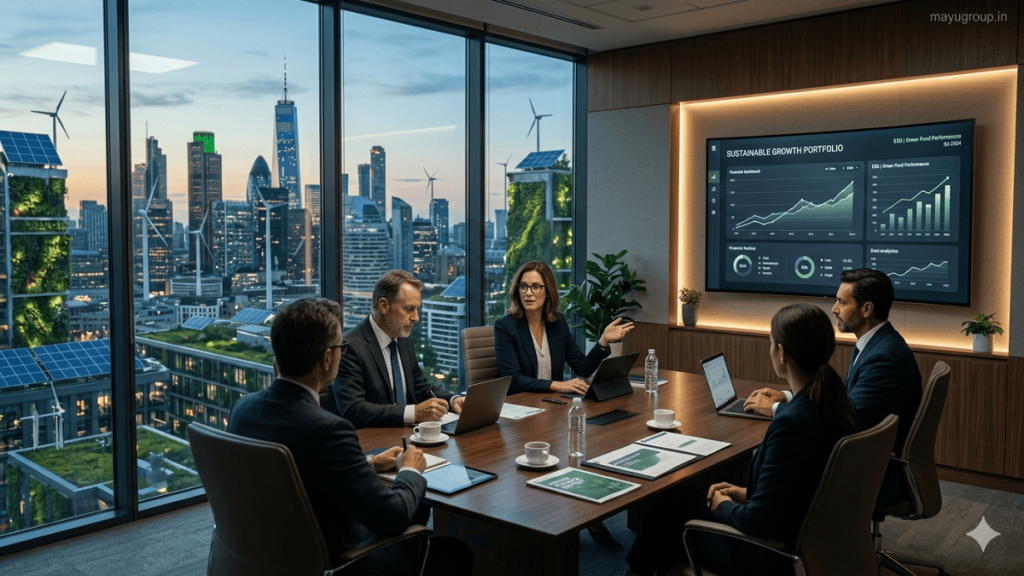 Green Bonds. Corporate boardroom with professionals discussing green finance while a futuristic eco-friendly city skyline with solar panels and wind turbines is visible through large glass windows.