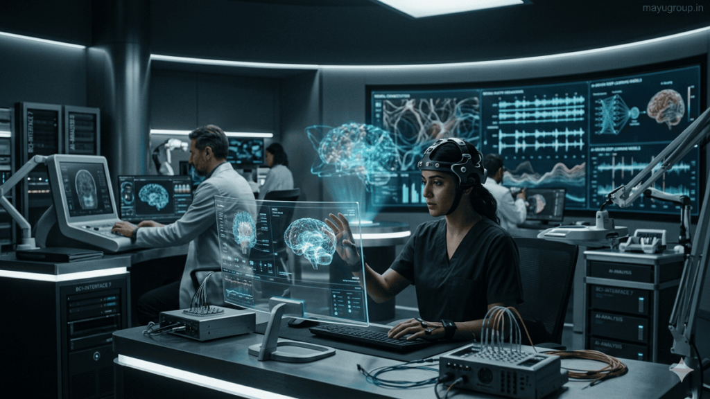 BrainTech Investment. Scientists working in a futuristic neuroscience laboratory with brain imaging systems, neural data screens, and AI-driven brain analysis tools, cinematic lighting, watermark “mayugroup.in” in the top right corner.
