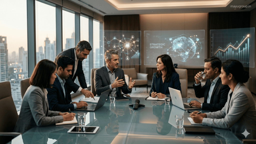 Venture Capitalists . A realistic corporate boardroom scene with executives discussing strategic investment decisions around a glass table in a modern office, with a subtle “mayugroup.in” watermark in the top right corner.