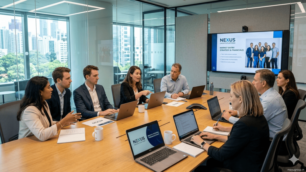 Investors and startup founders discussing business performance and ratings in a modern corporate boardroom.