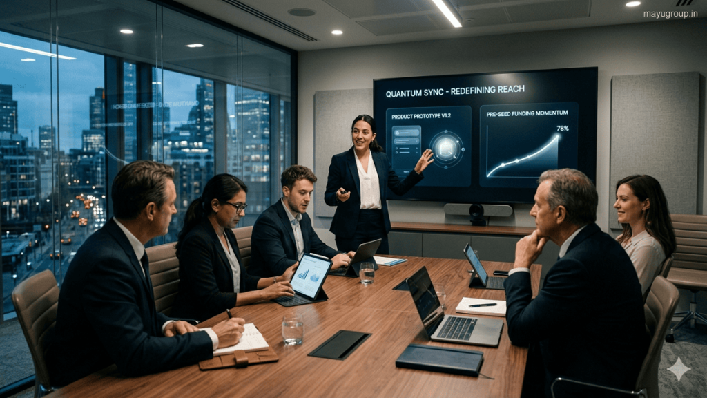 Startup founder presenting a business idea to investors in a modern conference room during a crowdfunding pitch meeting.