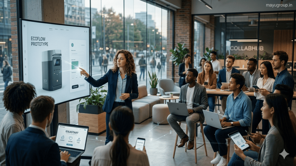 Startup founder presenting a product idea to a group of people in a modern office, symbolizing crowdfunding support with digital and financial collaboration.