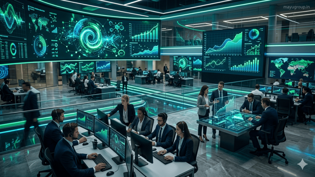 A futuristic financial trading floor showing carbon credit investment with analysts, digital screens, and green data visualizations representing sustainable finance markets.