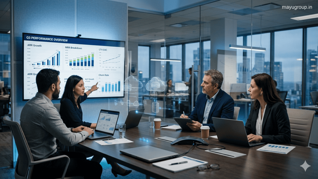 SaaS Investment. Futuristic corporate office where investors and SaaS founders analyze digital dashboards and cloud-based business metrics in a modern boardroom setting.