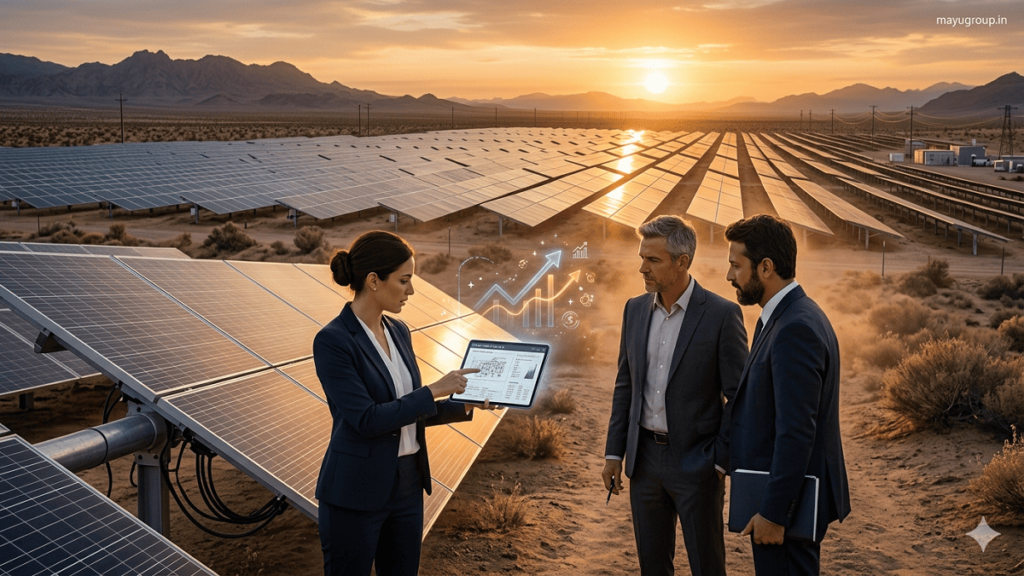 Solar Energy Funding. Business professionals reviewing solar project documents at a large desert solar power plant during golden hour with expansive solar panels in the background.