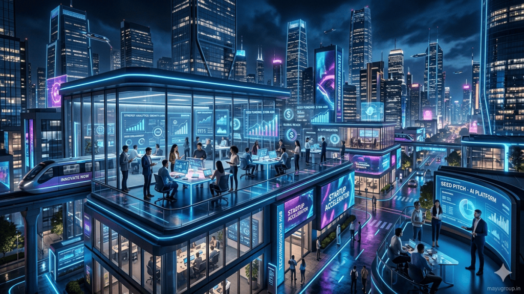 Startup India Funding. Futuristic startup ecosystem in a glowing smart city with founders, digital dashboards, and holographic data, with a “mayugroup.in” watermark in the bottom-right corner.