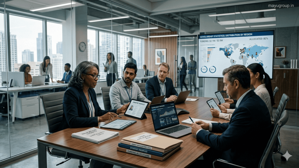 Education Grants. Professionals reviewing education grant applications in a modern office with digital dashboards and documents.