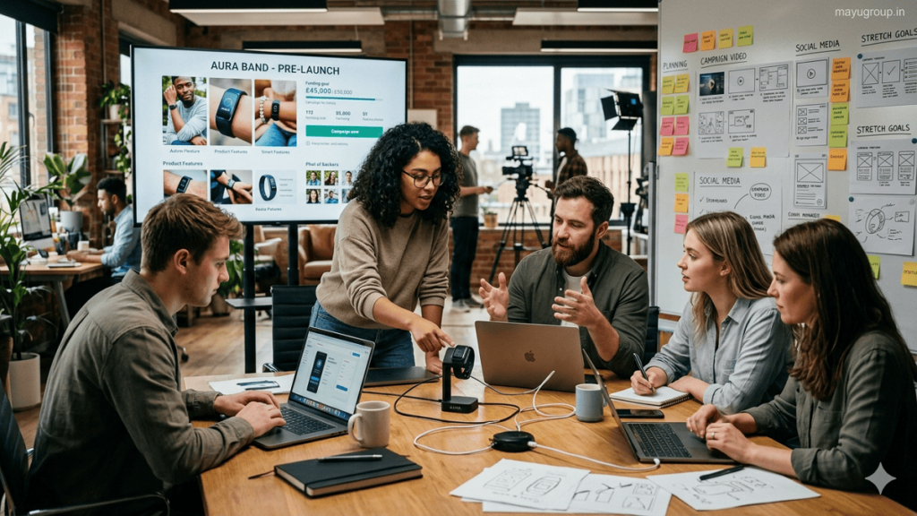 Reward-Based Crowdfunding. A startup team collaborating in a modern studio with a prototype product and digital screens showing a crowdfunding campaign setup.