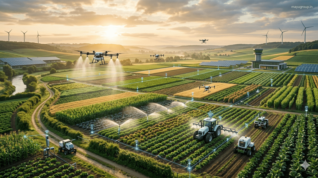 AgriTech Investment. A futuristic smart farm with drones, IoT sensors, and automated irrigation systems across green fields, with a “mayugroup.in” watermark in the top right corner.