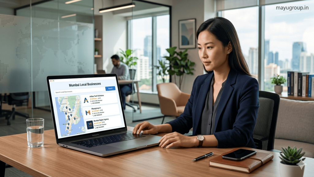 Professional using a digital business directory on a laptop to search for local businesses, showcasing online business listings and local search visibility.