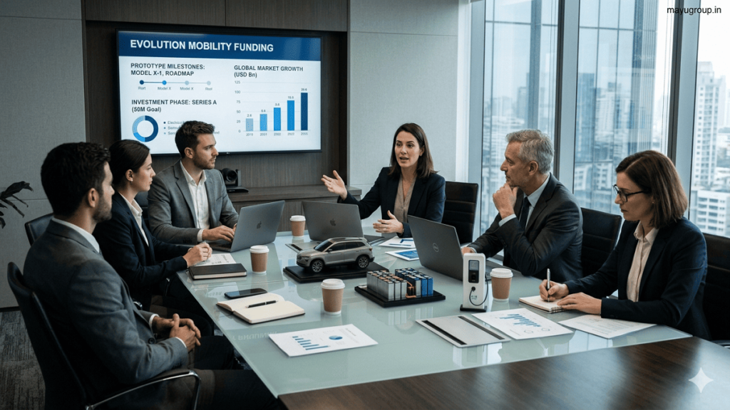 EV Startup Investment. A modern boardroom where investors and EV startup founders discuss electric vehicle prototypes and funding data on a large screen.