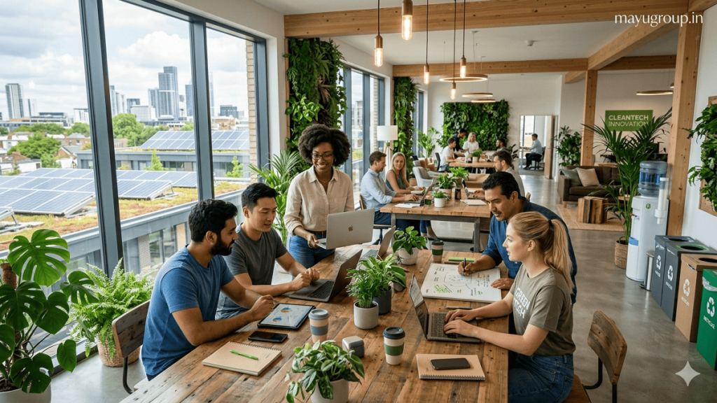 Eco-Friendly Startups. A bright modern startup office with green design elements, team collaboration, indoor plants, and sustainable furniture in a futuristic eco-friendly workspace.