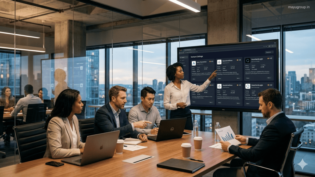 Venture Listings. Professionals analyzing venture listings on digital dashboards in a modern office environment with startup profiles and funding data displayed on screens.
