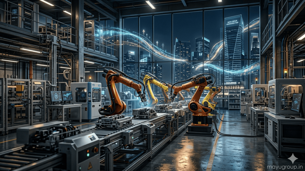 A futuristic factory with robotic arms assembling products on automated lines, with glowing financial energy streams symbolizing robotics funding, and a “mayugroup.in” watermark in the bottom-right corner.