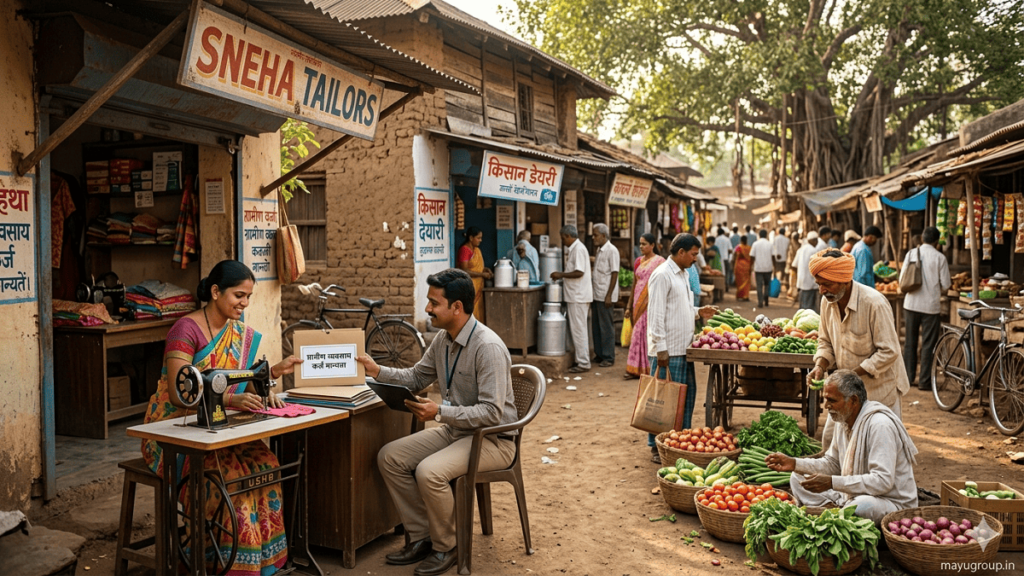 Rural village market with farmers, small shop owners, and a dairy business supported by financial funding and economic development activities.