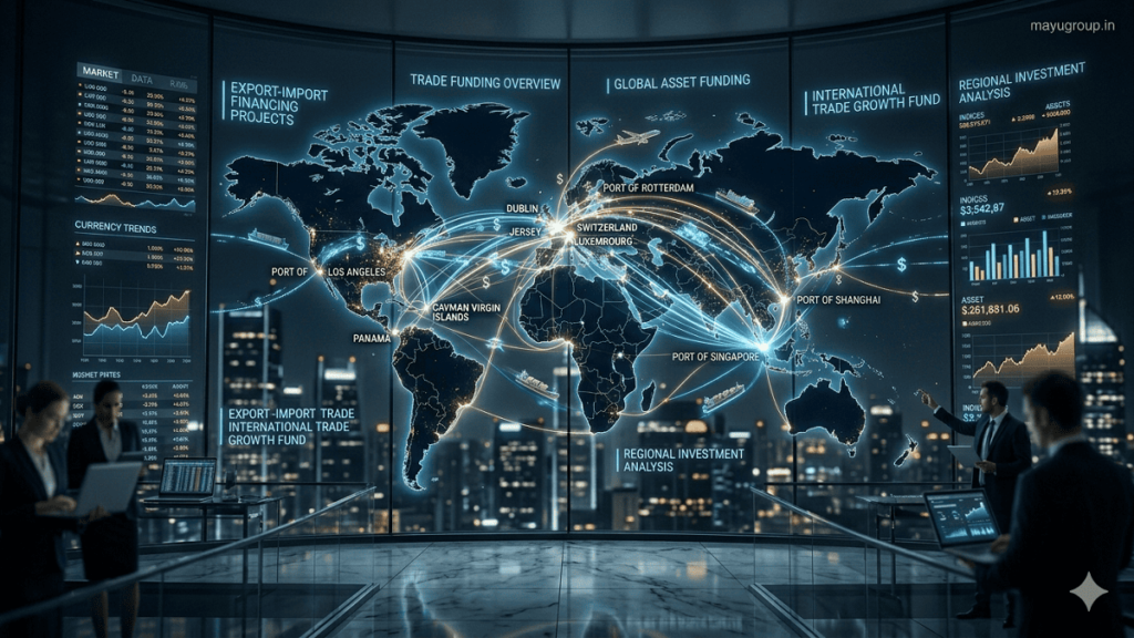 Cinematic global map showing illuminated trade routes, cargo flows, and financial connections representing international trade expansion funding.