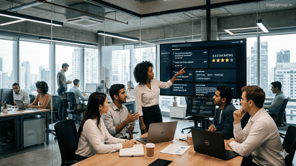 Business professionals analyzing startup reviews on digital screens in a modern office environment with data dashboards and user feedback interfaces.